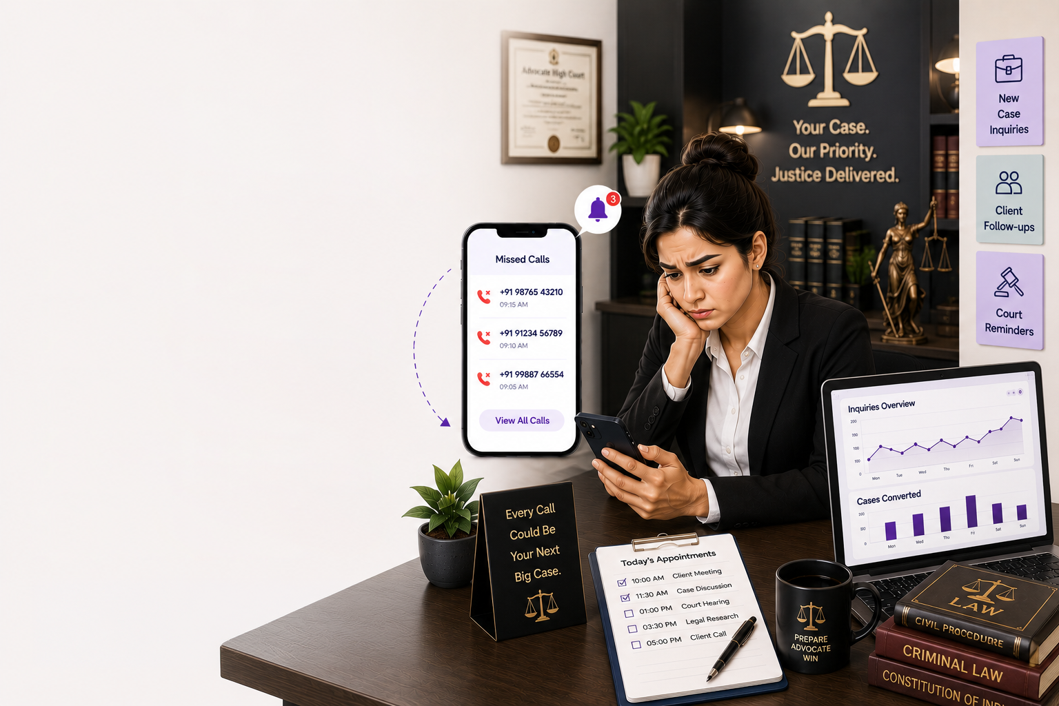 A law firm's front desk missing a call while the lawyer is in court