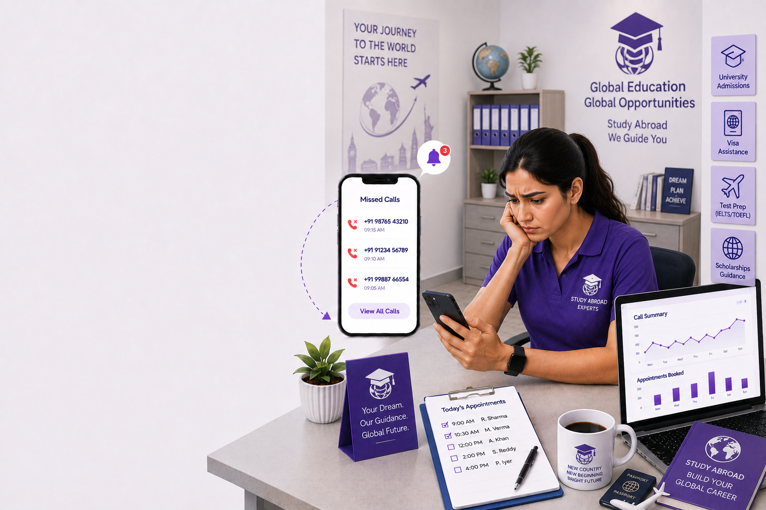 A study abroad consultancy office missing a call during application season
